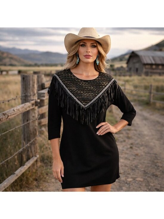 GAJA Dresses & Skirts - GAJA Short Black Pencil Dress W/ Fringe & Colorful Yoke 3/4 Sleeves S 10 Western